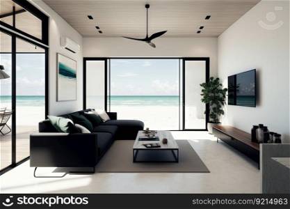 beachfront villa with sleek and modern interior design, featuring minimalist furniture and black accents, created with generative ai. beachfront villa with sleek and modern interior design, featuring minimalist furniture and black accents