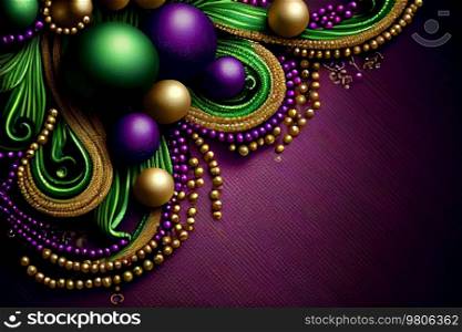 Beads In Mardi Gras Colors Decoration. Illustration AI Generative 