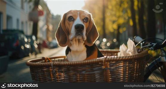Beagle dog have fun bicycle ride on sunshine day morning in summer on town street