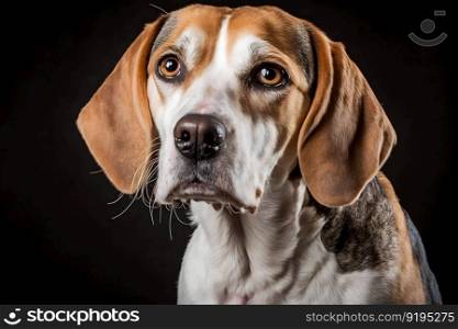 Beagle dog in portrait against black background. Neural network AI generated art. Beagle dog in portrait against black background. Neural network AI generated