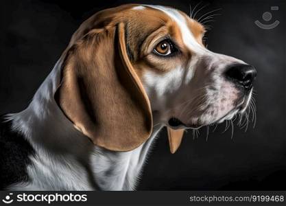 Beagle dog in portrait against black background. Neural network AI generated art. Beagle dog in portrait against black background. Neural network AI generated