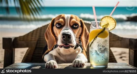 Beagle dog is on summer vacation at seaside resort and relaxing rest on summer beach of Hawaii