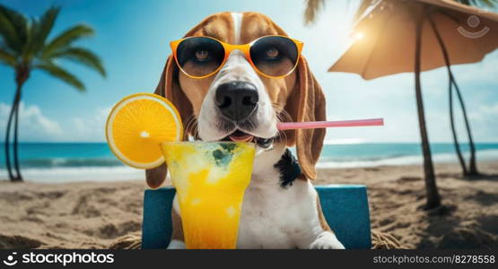 Beagle dog is on summer vacation at seaside resort and relaxing rest on summer beach of Hawaii
