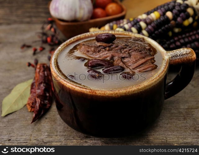 Bean Soup With Meat On Wooden Background