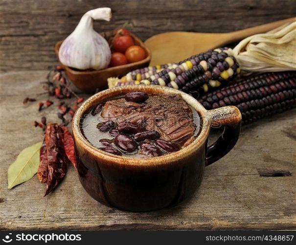 Bean Soup With Meat On Wooden Background