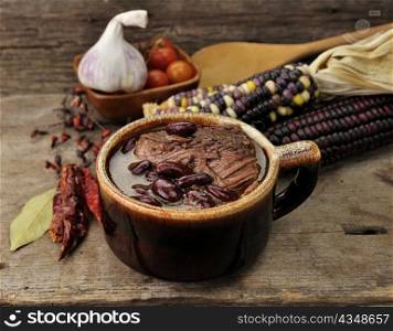 Bean Soup With Meat On Wooden Background