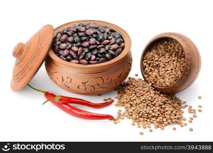 Beans and lentils isolated on white background