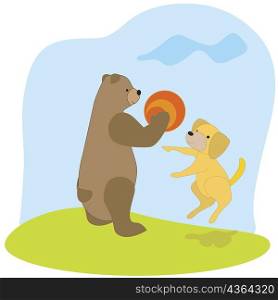 Bear and a dog playing with a ball