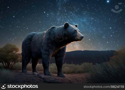 Bear and magic night sky. Illustration Generative AI