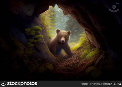 bear cub discover hidden den with view of forest and mountains, created with generative ai. bear cub discover hidden den with view of forest and mountains