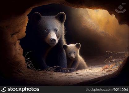 bear cub playing in bear den, with mother nearby, created with generative ai. bear cub playing in bear den, with mother nearby