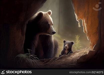 bear cub playing in den, while mother keeps watch, created with generative ai. bear cub playing in den, while mother keeps watch