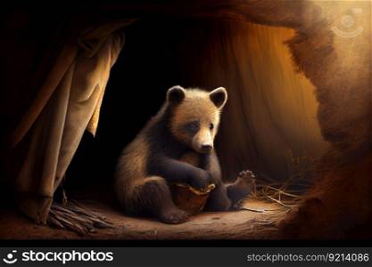 bear cub, playing in the den, full of warmth and safety, created with generative ai. bear cub, playing in the den, full of warmth and safety