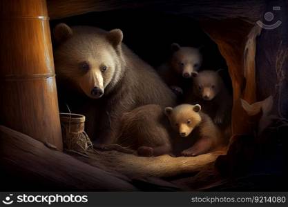 bear cubs playing in their den, while mother bear keeps watch, created with generative ai. bear cubs playing in their den, while mother bear keeps watch