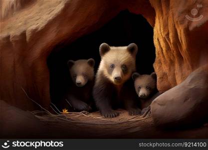 bear cubs playing in their den, while the mother bear keeps watch, created with generative ai. bear cubs playing in their den, while the mother bear keeps watch