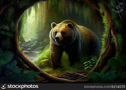 bear den, surrounded by lush green forest full of life and diversity, created with generative ai. bear den, surrounded by lush green forest full of life and diversity