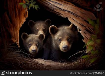 bear den, with baby bear cubs peeking out of their den, created with generative ai. bear den, with baby bear cubs peeking out of their den