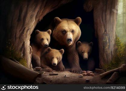 bear den with cubs playing and exploring, created with generative ai. bear den with cubs playing and exploring