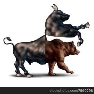 Bear market correction financial business concept as a bull opening up and revealing an emerging bearish stock market as a metaphor for change in investing sentiment and markets headed towards negative territory.