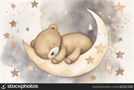 Bear sleeping on moon. Cute baby animal. Generate Ai. Bear sleeping on moon. Generate Ai
