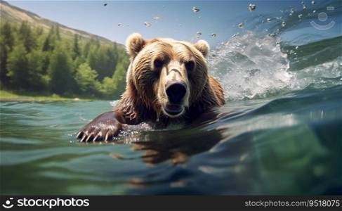 Bear swimming under water fishing, The Kamchatka brown bear