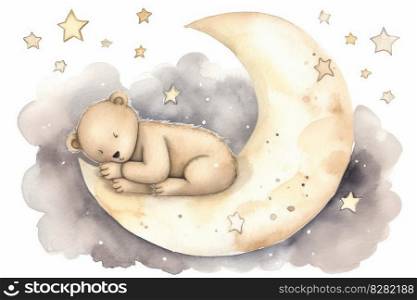Bear teddy sleeping. Cute baby on moon. Generate Ai. Bear teddy sleeping. Generate Ai