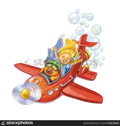 Bear the pilot and the little girl travel by plane. A greeting or invitation card on birthday or a holiday. Raster illustration