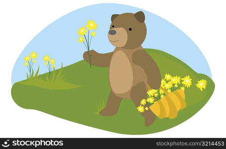 Bear walking with flowers in his hand