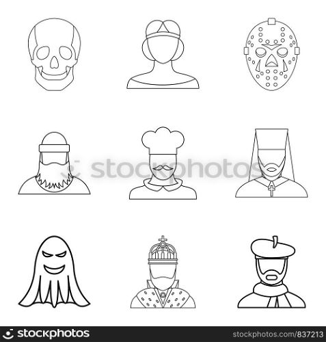 Beard icons set. Outline set of 9 beard vector icons for web isolated on white background. Beard icons set, outline style
