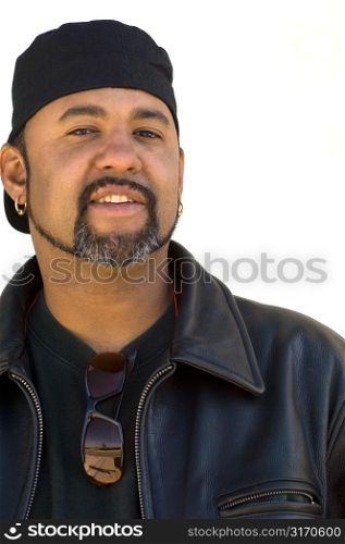 Bearded Man in Cap and Leather Jacket