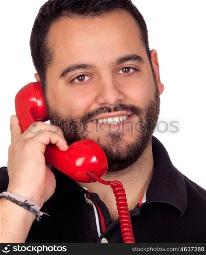 Bearded man speaking by phone isolated on white background