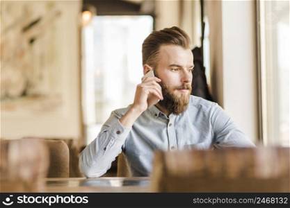 bearded young man talking cellphone restaurant