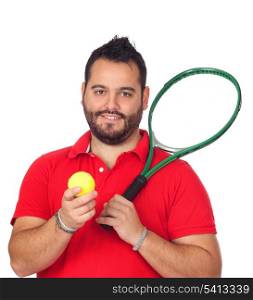 Bearded young men with tennis racket isolated on white background