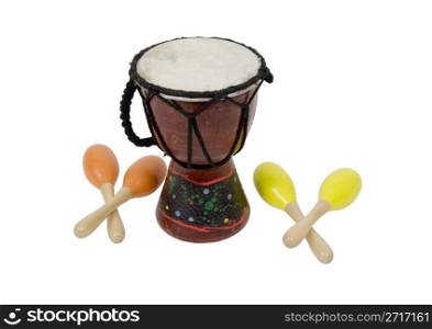 Beaters and shakers shown by Aboriginal Djembe native drum with braided cord for a handle with colorful maracas - path included