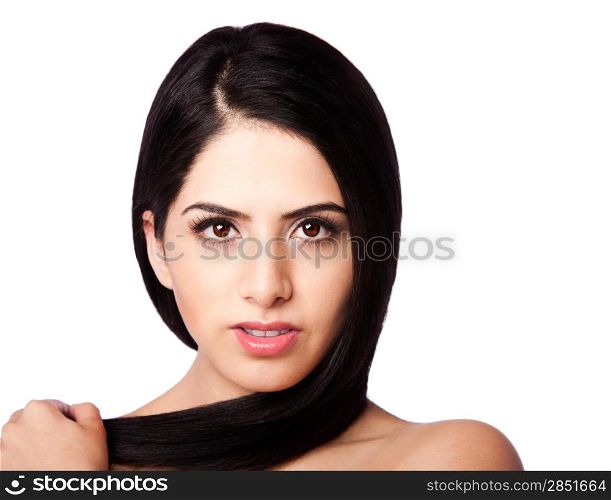 Beatiful healthy woman face with straight long hair wrapped around head with clear skin - hair styling concept, isolated.