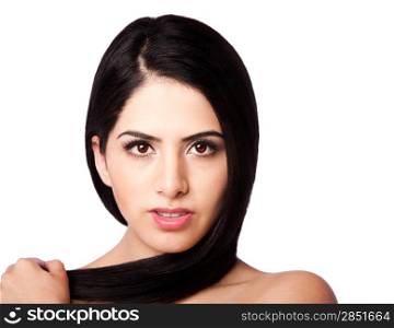 Beatiful healthy woman face with straight long hair wrapped around head with clear skin - hair styling concept, isolated.