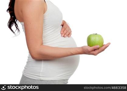 Beatiful pregnant woman with a apple isolated on a white background