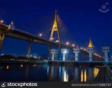 beatufitul blue hour sky of bhumibol bridge important landmark in bangkok thailand