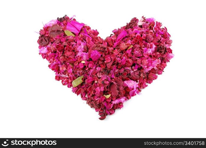 beaufiful pink heart made of dried petals, leaves, flowers (isolated on white background)