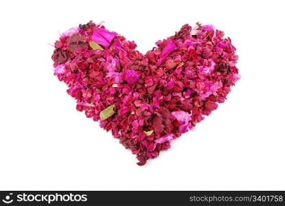 beaufiful pink heart made of dried petals, leaves, flowers (isolated on white background)