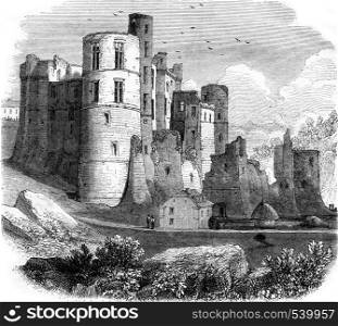 Beaufort Castle, in the Grand Duchy of Luxembourg, vintage engraved illustration. Magasin Pittoresque 1857.