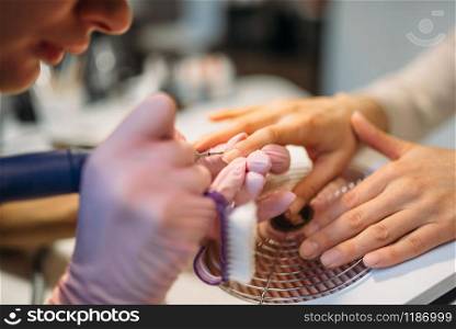 Beautician in gloves with polishing machine treats nails of female client, manicure in beauty salon. Manicurist doing hands care cosmetic procedure. Beautician with polishing machine treats nails