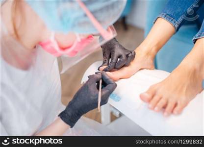 Beautician salon, pedicure, cuticle removal procedure. Nail care treatment for female client in beauty shop, doctor in gloves works with customer toenails