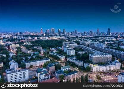 Beautifu evening panoramic aerial drone view to the Center of modern Warsaw city with skyscrapers
