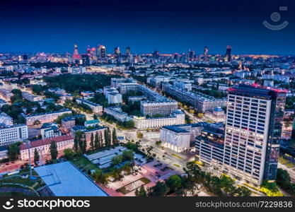 Beautifu evening panoramic aerial drone view to the Center of modern Warsaw city with skyscrapers