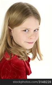 Beautiful 10 year old girl in red velvet dress. Blonde hair blue eyes.