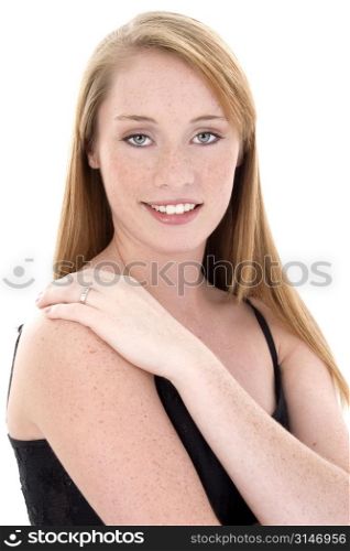 Beautiful 14 year old girl in black tank top. Shot in studio over white.