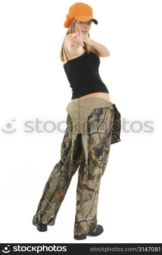 Beautiful 17 year old teen in camo overalls. Full body over white.