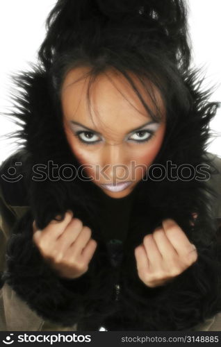 Beautiful 23 year old bulgarian woman in big winter coat.