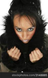 Beautiful 23 year old bulgarian woman in big winter coat.